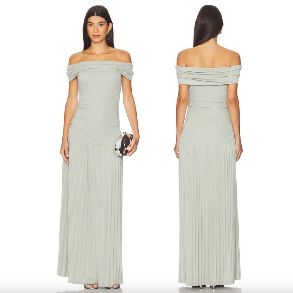 Lioness Sage Green Ruched Off Shoulder Maxi Dress Pleated Skirt XXL NWT - Picture 2 of 12